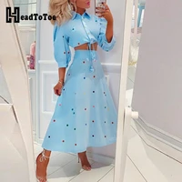 colorful polka dot puff sleeve button up tied crop top skirt set women two piece set