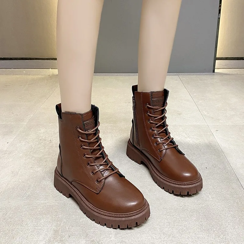 Women's ankle boots spring, autumn and winter leather round head rubber outsole handmade
