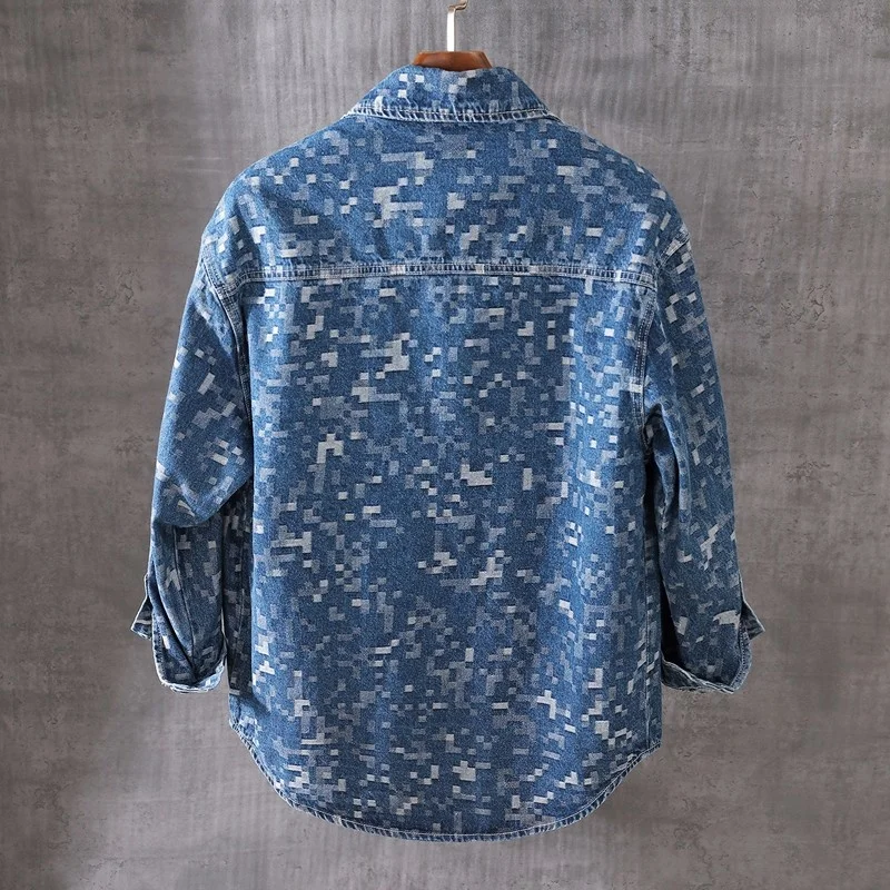 Lattice Designer Denim Shirt Fashion Mens Cotton Tops Loose Fit Pocket Cargo Shirts Lapel Long Sleeve Button Up Casual Shirts