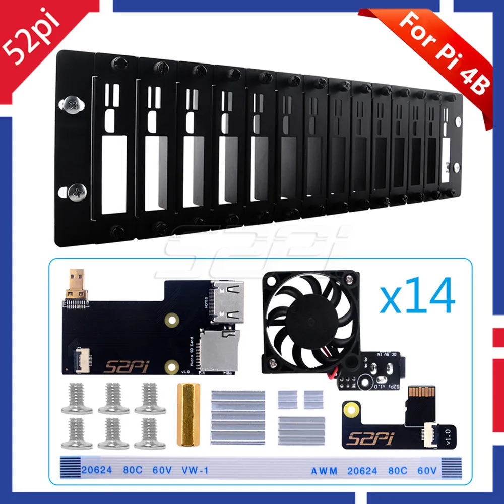 52Pi 3U Rack For Raspberry Pi 4B Clusters Steel Bracket Rackmount Micro HDMI to HDMI Board TF Card to FPC Board Cooler