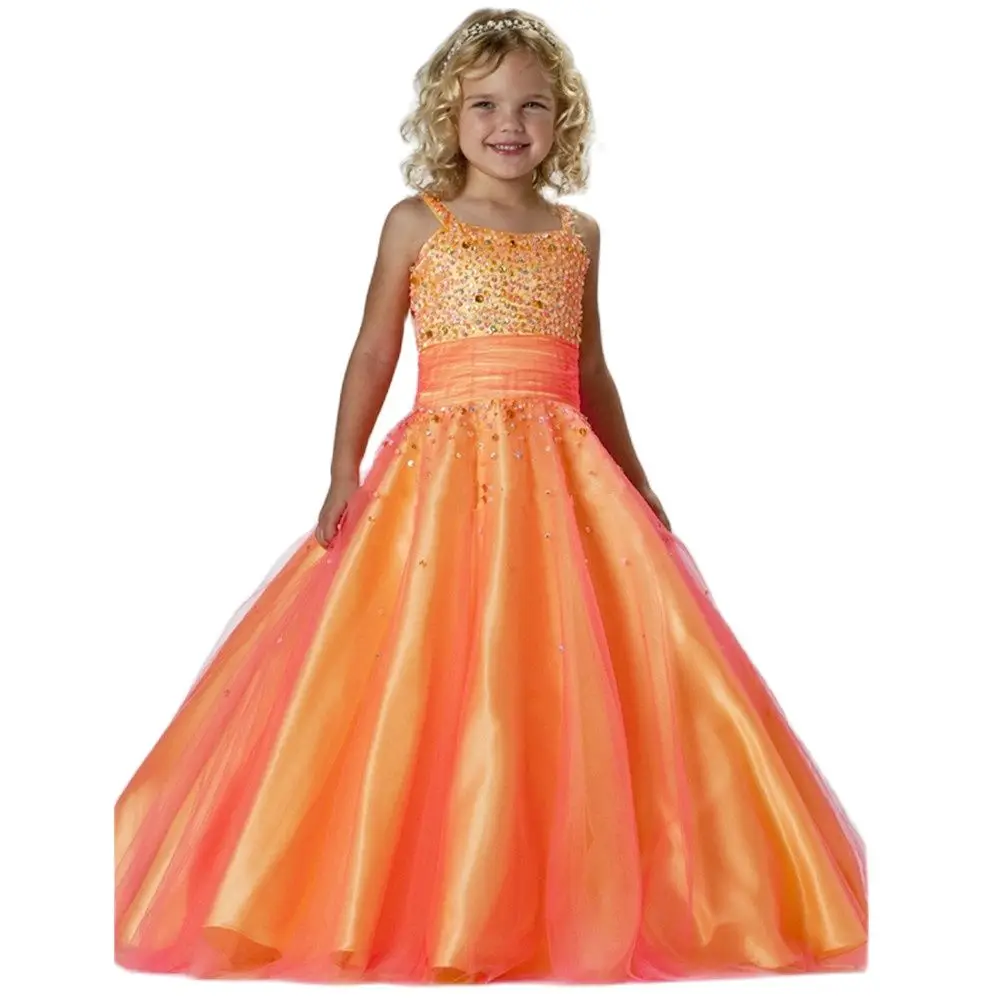 

Girl's Pageant Dresses Spaghetti Neckline Organza Little Princess Ruffled Lace Up Beaded Sash Colorful Crystal Style