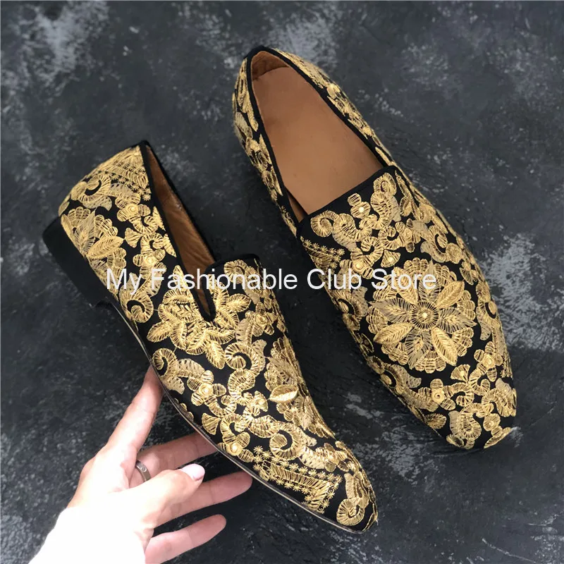 Embroidered Leather Shoes Men Dress Fashion Gold Flower Leaf Casual Moccasin Slip On Loafers Breathable Comfotable Driving Shoes images - 6