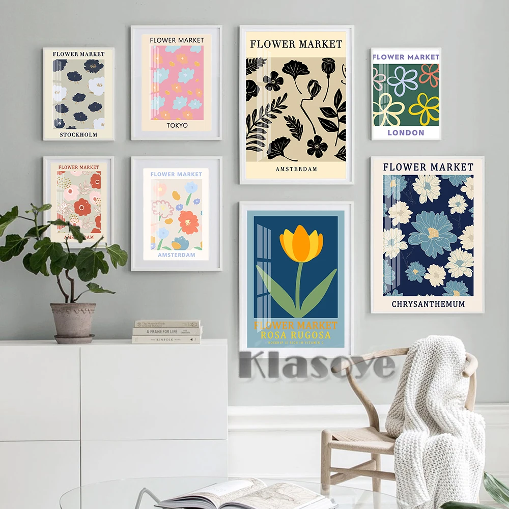 

Flower Market Retro Minimalist Exhibition Museum Poster Abstract Botanical Floral Prints Art Canvas Painting Nursery Home Decor