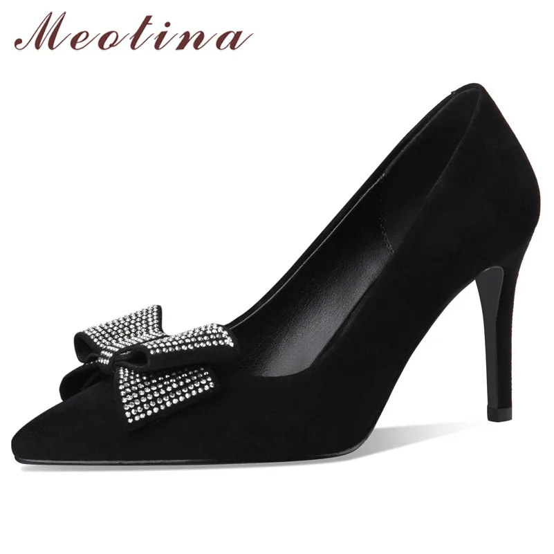 

Meotina High Heels Women Shoes Kid Suede Crystal Thin High Heels Party Shoes Genuine Leather Bow Pointed Toe Pumps Lady Size 40