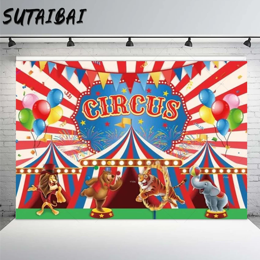 

Circus Theme Backdrop Balloon Bunting Animals Show Fireworks Happy Birthday Custom Poster Decoration Photography Background
