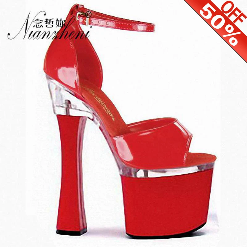

Sexy Red Patent leather Buckle strap Concise Hollow Women's sandals 18cm High heeled shoes 7 inches Clubbing Pole dancing Mature