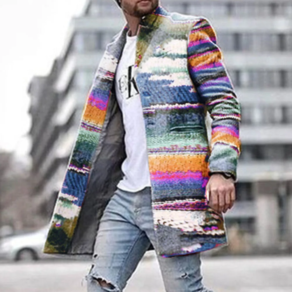 Мужской Длинный блейзер пальто для офиса 4XL осень и зима Радужный принт длинное