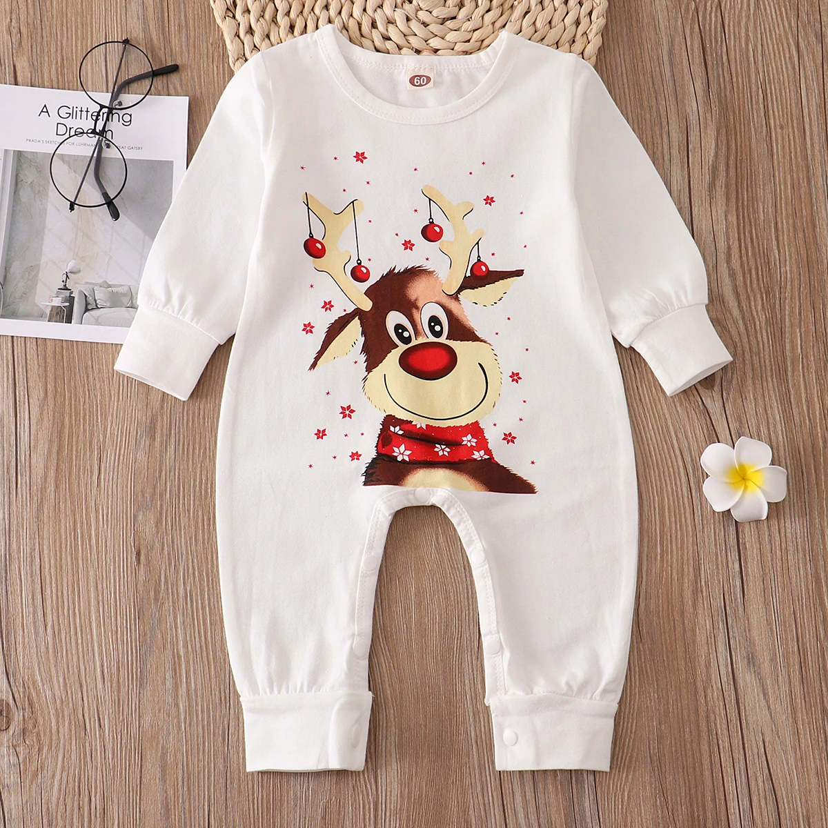 Newborn baby clothing jumpsuit 2022 spring white cartoon Christmas deer baby boy jumpsuit baby girl romper 0-2 years old