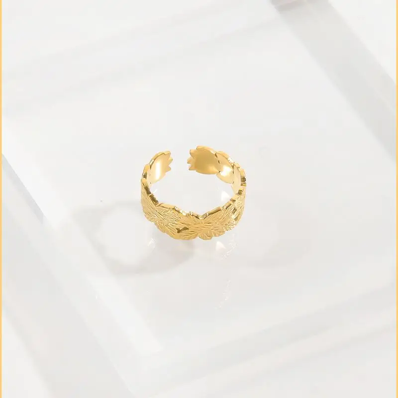 

CARLIDANA 2021 New Fashion Leaf Pattern Opening Ring Real Gold Plating Stainless Steel Non Tarnish Jewelry for Women Men