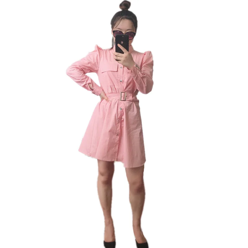 

2021 Spring Mini Pleated High Waist Korean Solid Color Cardigan Shirt Sexy Loose Office Casual Dresses For Women