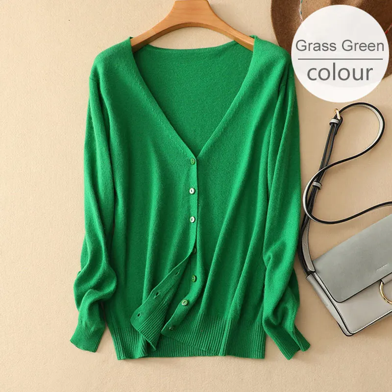 V-neck Green Однобортный Для женщин свитер вязаный тонкий кардиган с круглым вырезом с длинным рукавом женские кардиганы Демисезонный женские топы - Цвет: V-neck Green