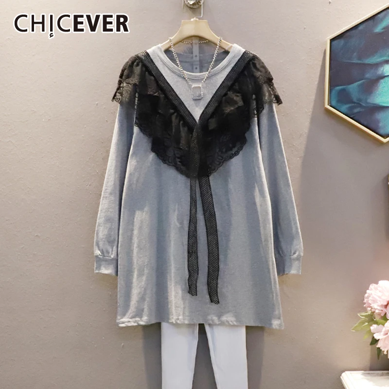 

CHICEVER Straight Patchwork Lace Colorblock Dress For Women Round Collar Long Sleeve Loose Mini Dresses Female Clothing 2021 New