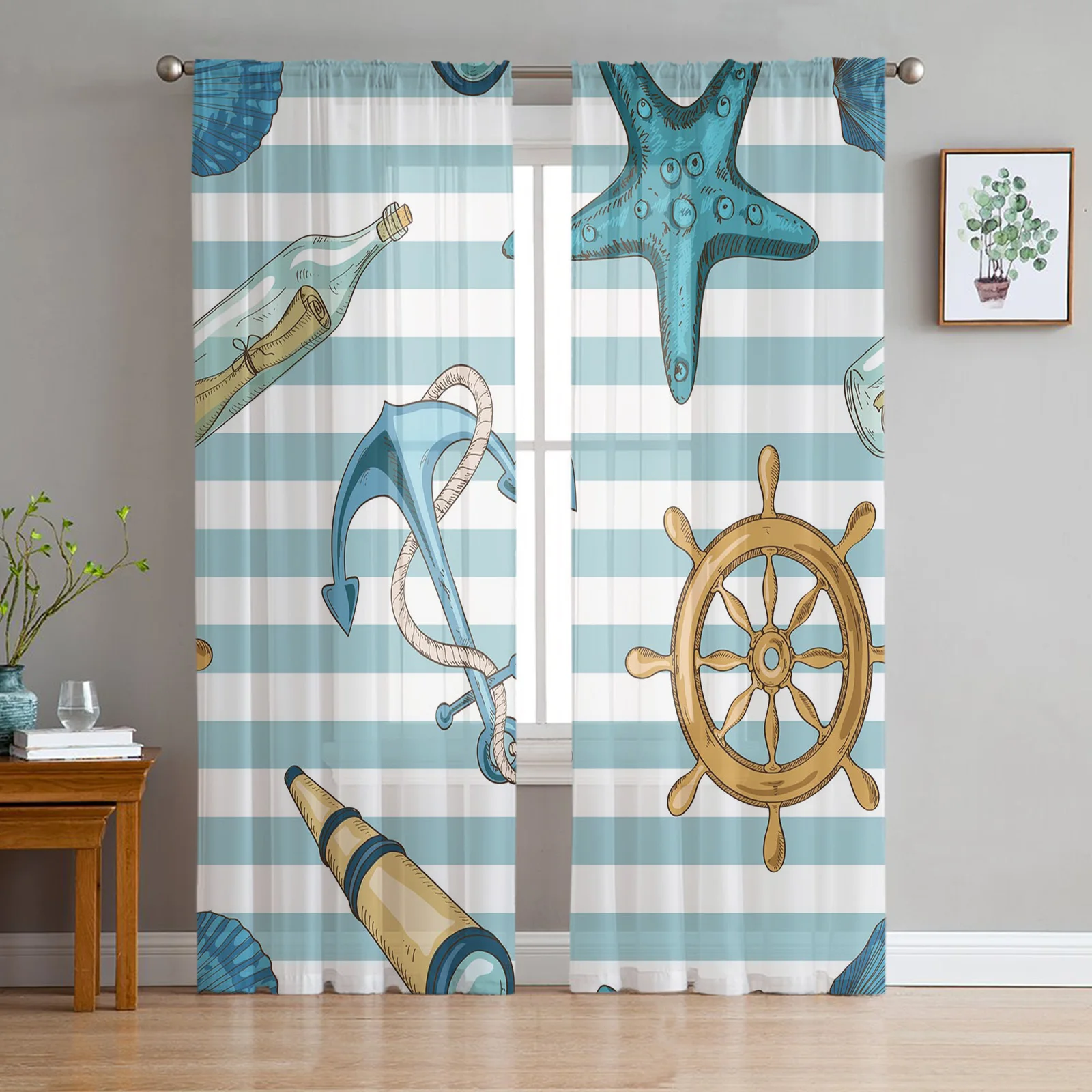 

Anchor Starfish Stripes Rudder Sheer Tulle Window Curtains For Living Room Bedroom Kitchen Veiling Curtain Home Decoration
