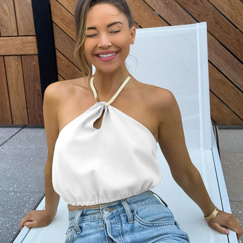 

Металлическая цепь укороченные топы на бретельках женское элегантное платье белого цвета без рукавов с низким вырезом на спине Топ для лет...