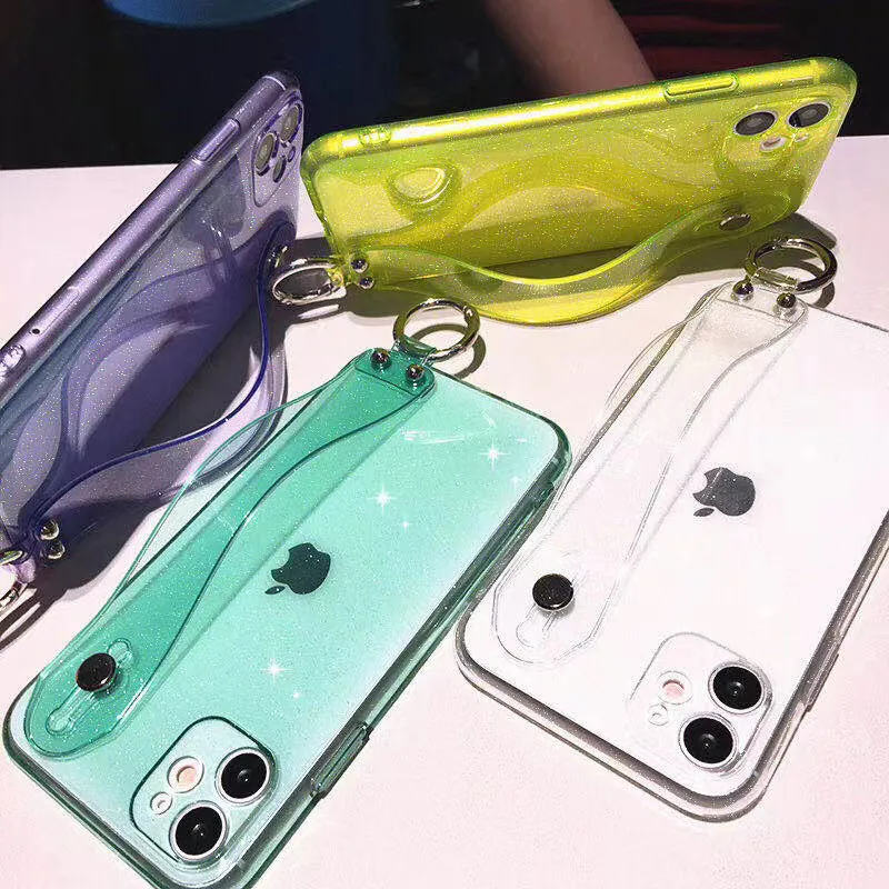 

Transparent glitter fluorescent wrist stand Phone Cases For iPhone 11 Pro Max X XS MAX XR 7 8 Plus SE shockproof soft Case cover