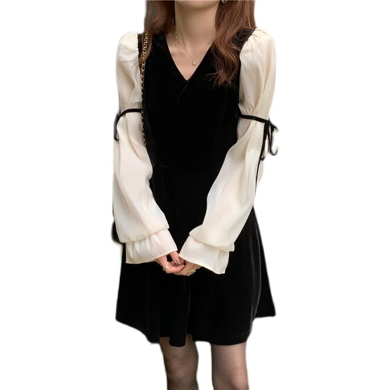

COIGARSAM French Style Patchwork Women dress Dresses Black 9217
