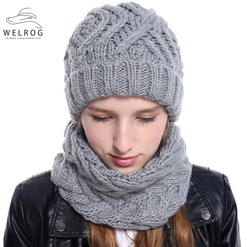 WELROG Winter Beanie Hat and Scarf Set for Women Autumn Casual Hat Ring Scarves Hat Knit Skullies Beanies Hats for Girls
