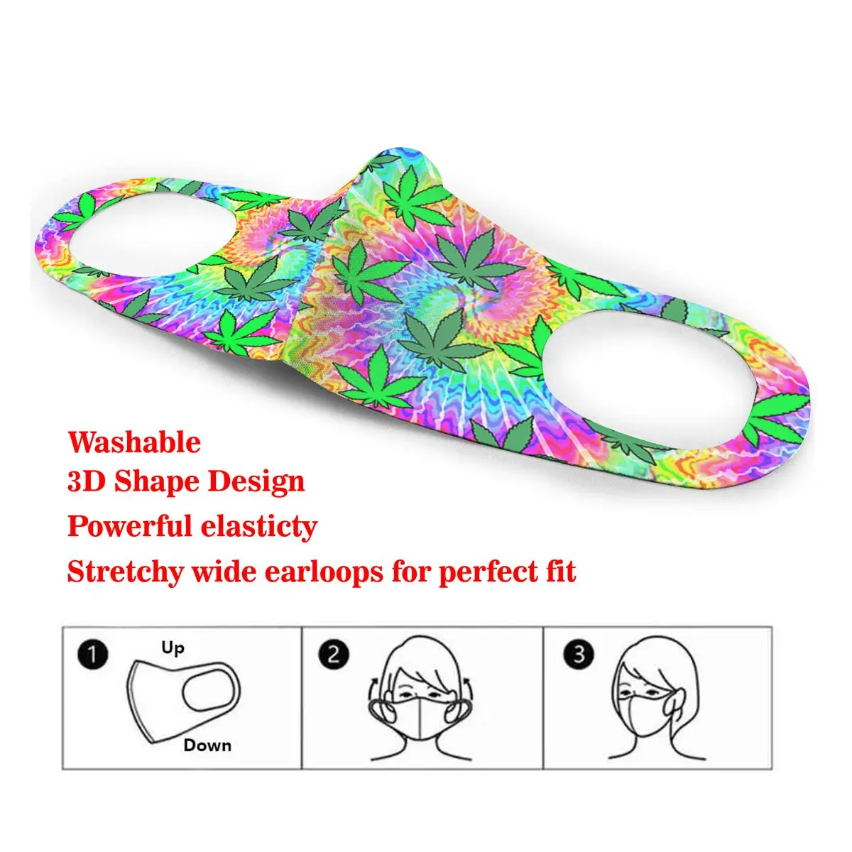 

Rspoonflower Weed Tie Dye Washable elastic Earloop Face Breathing Mask Reusable Anti Dust Cotton Mouth For Adults
