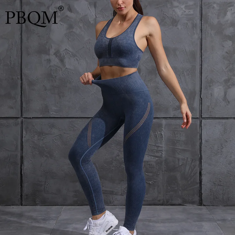 

PBQM Seamless Knitting Hollow Washing Fitness Suit Female High Waist Tight Yoga 2 Piece Set For Female Breathable Elastic 6T1807