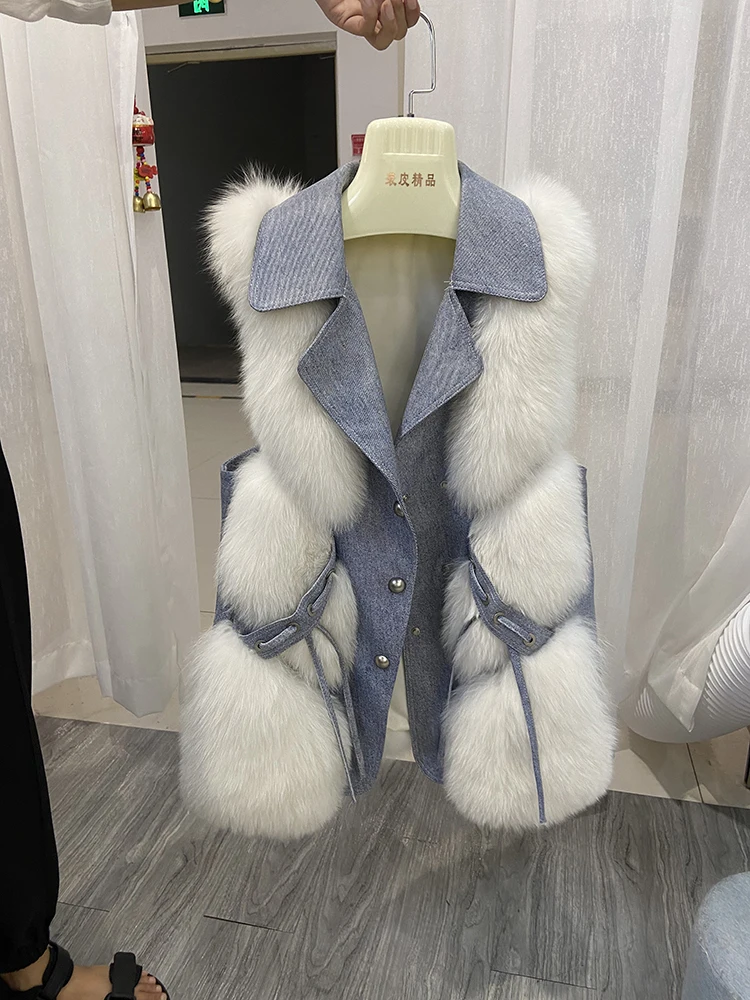 

2021 Winter New Arrival Women Female Real Fox Fur Long Jeans Print Style Collar Genuine Leather Fox Fur Vest Sleeveless Gilet