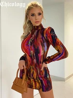 chicology 2022 women tie dye print women long sleeve mini dress shoulder pad bodycon sexy streetwear party clothes y2k outfits
