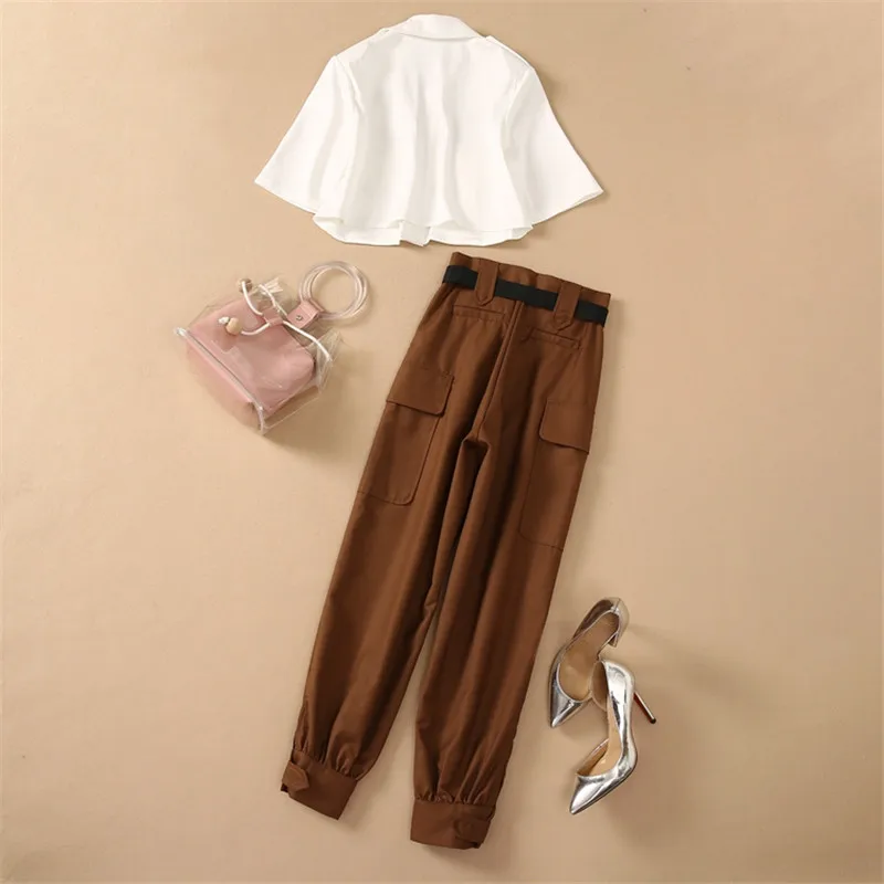 

2021 New Summer Suit Elegant Office Lady 2 Piece Outfit Runway Designer Women's White Short Shirt and Pants Matching Sets