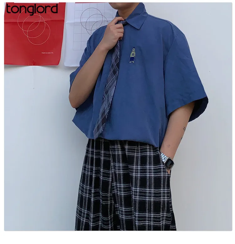 

Tonglord Summer Short-sleeved Men and Women with Necktie Shirts Thin Section Breathable Loose Ins Korean Straight Shirt Trend