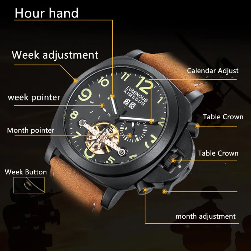 KIMSDUN часы с скелетом механические Автоматические для мужчин Tourbillon кожа модные