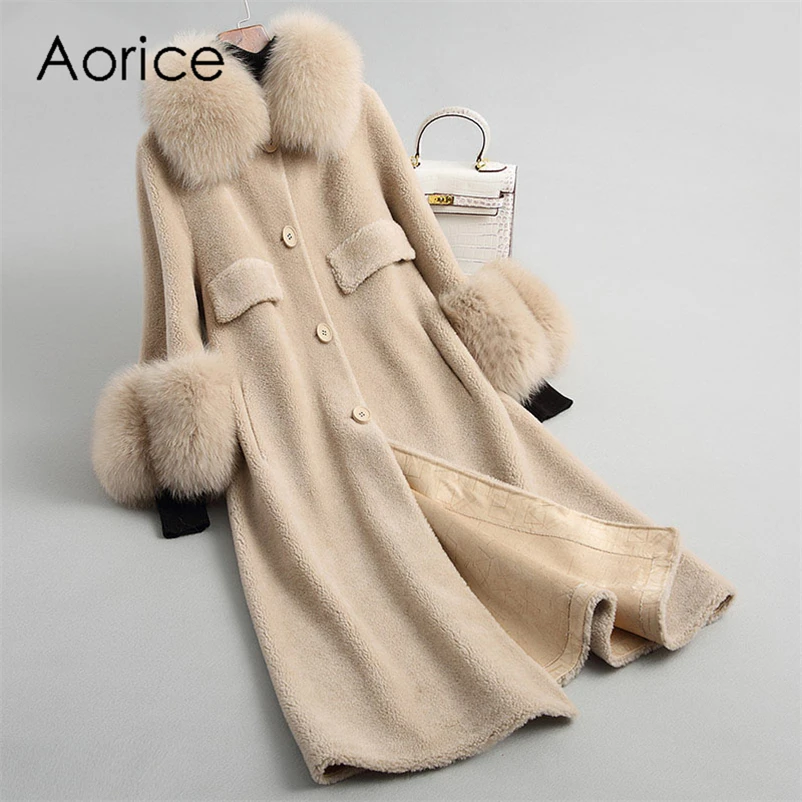 

Aorice Women's Winter Wool Warm Real Fox Fur Hood Coat Lady Real Wool Long Coat Jacket Over Size Parka A18120