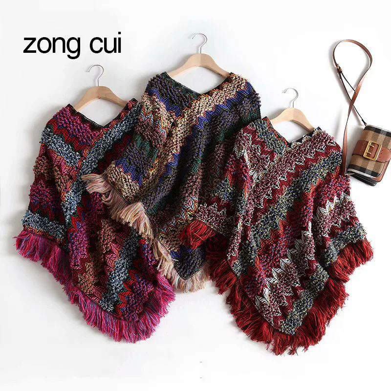 Женский винтажный вязаный свитер с бахромой Толстая теплая накидка в