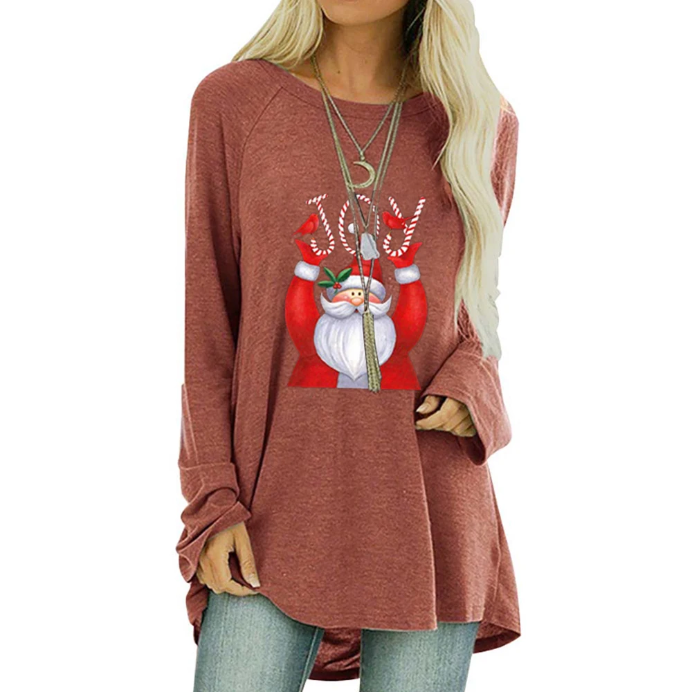 

Santa Claus Print Shirt for Women Plus Size Round Neck Merry Christmas Clothes Mid-Length Casual Irregular Tees Shirts