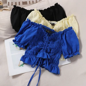 Женские топы с открытыми плечами и оборками, винтажные пикантные блузки короткий топ с рюшами, летняя Корейская одежда, рубашки, туники, блузка с буфами на рукавах