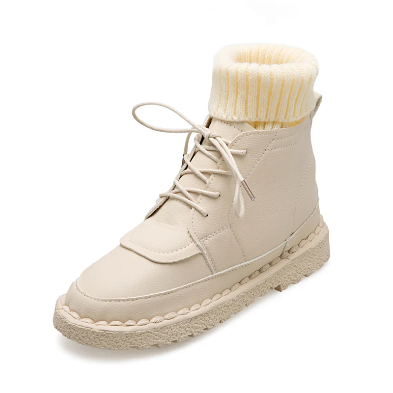 Beige Милые зимние белые ботинки теплые плюшевые ботинки на меху без шнуровки женская обувь г. Новые Модные ботильоны на шнуровке коричневые ботинки женская обувь на платформе - Цвет: Beige