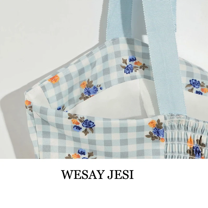 

WESAY JESI 2021 Summer Women's New Style Sling Strapless Tube Top Small Fresh Plaid Floral Pattern Lotus Leaf Short Slim Top