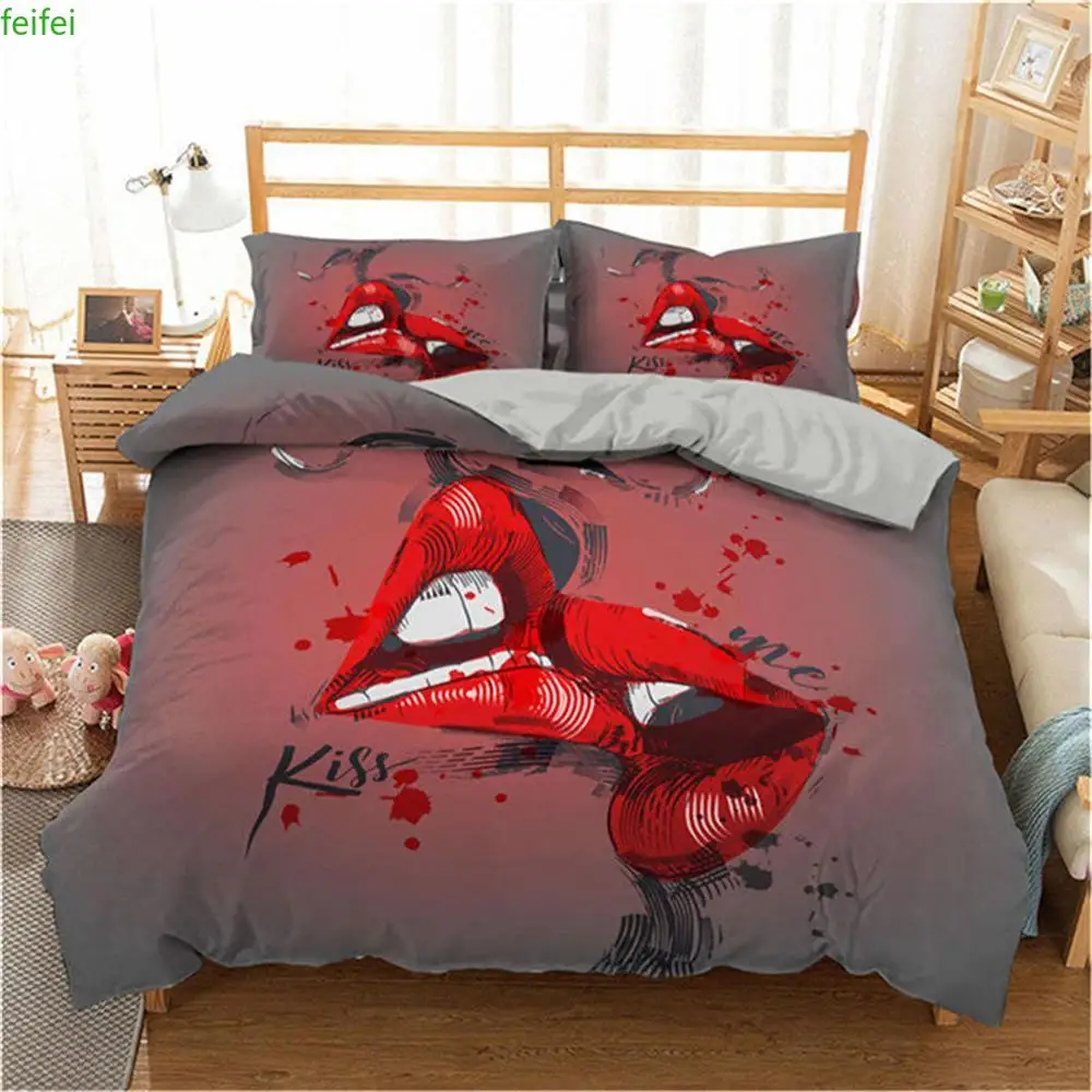 

Комплект постельного белья Homesky с 3D-принтом красных губ, пододеяльник, наволочка, набор для двуспальной кровати, пододеяльник 2/3 шт. (без напо...