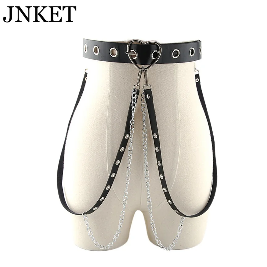 

JNKET New Punk Gothic Leather Women Belts With Chain Harajuku Belt Dress Jeans Slim Bondage Cool Waistband
