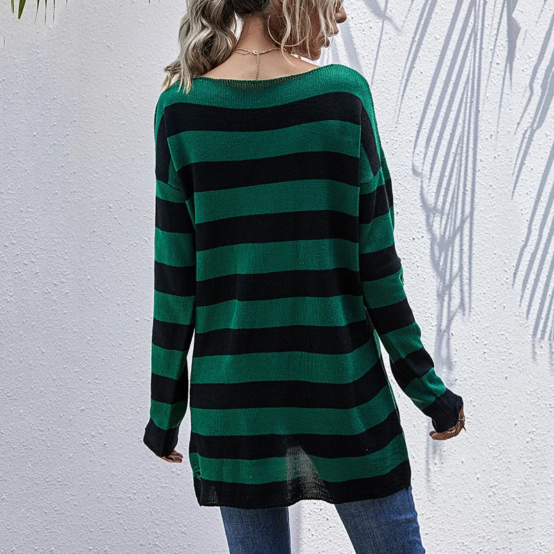 

V-neck Women's Sweaters Casual Long Knitted Pullover Patchwork Jumpers Long Sleeve Sweater Losse Hollow Out Sweater 2021 Spring