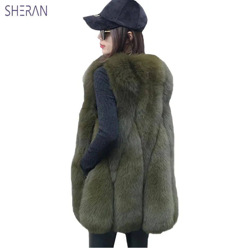 

Новинка 2018, зимний теплый жилет SHERAN из искусственного меха лисы, женские куртки, жилет, верхняя одежда, длинные кожаные пальто из искусствен...