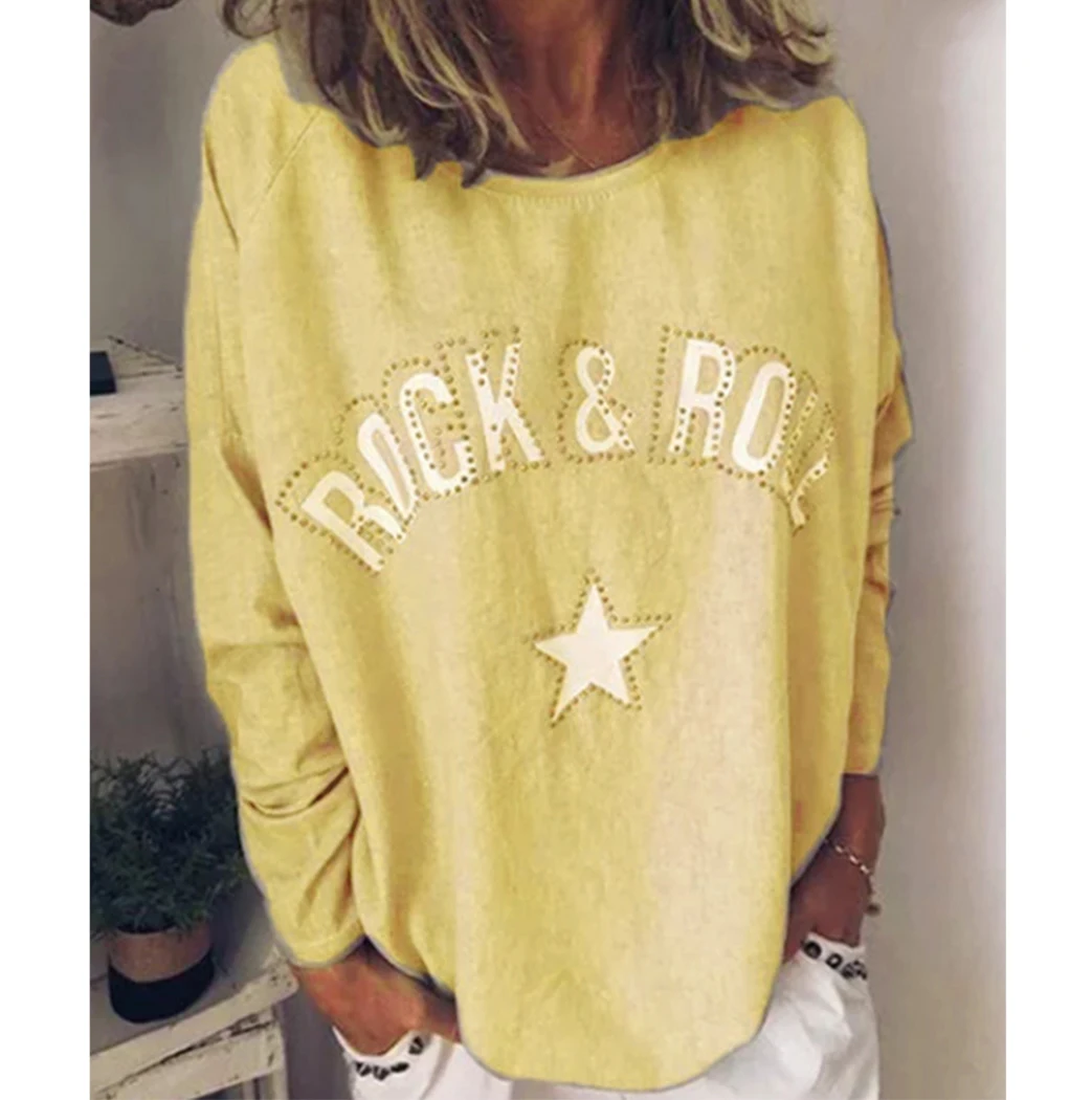 Vintage Harajuku Outwear T-Shirts For Women 2019 Autumn Winter Rhinestone Letter Printed Solid T-Shirt Casual Tees Top Femme | Женская