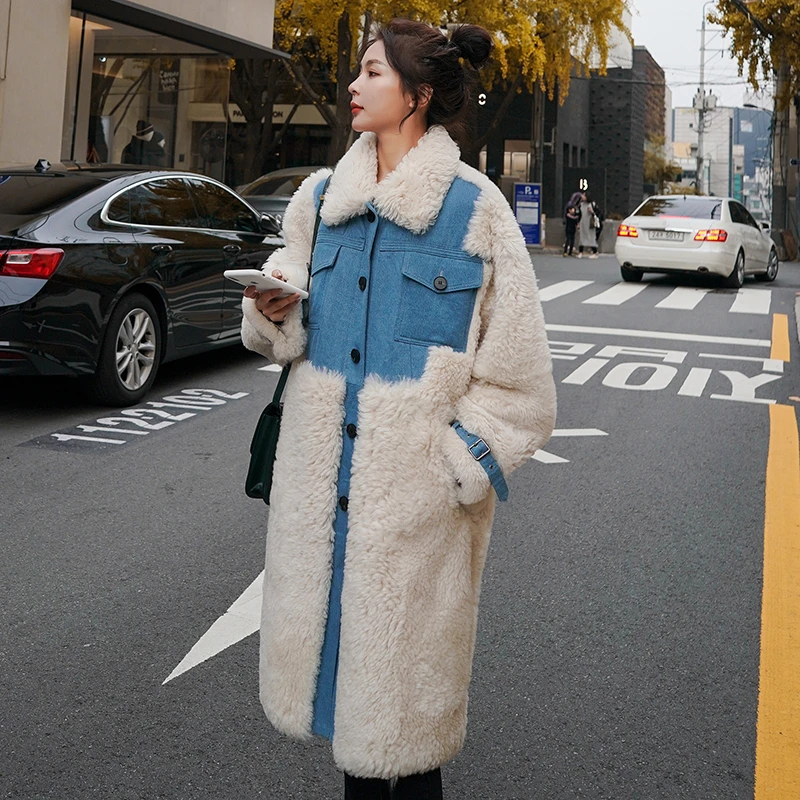 

Unua amo Winter Windbreaker Denim Jacket Female Long Fashion Thick Warm High Quality Spliced Fluff Lambswool Coat Women YY062A