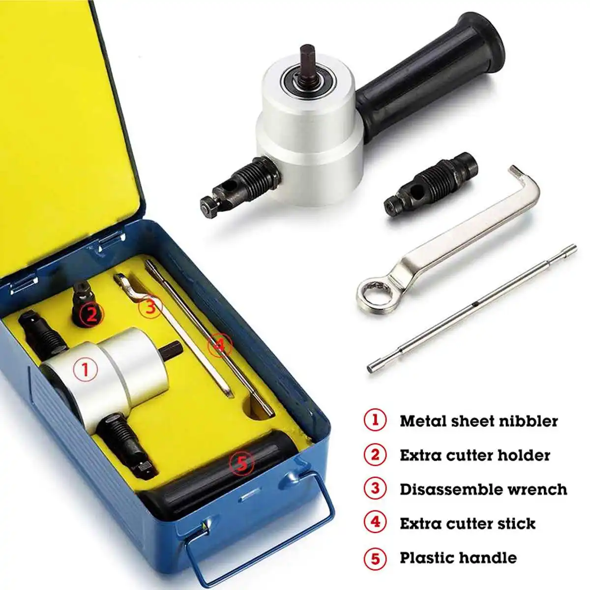 

Double Head Metal Electric Cutter Sheet Metal Nibbler Saw Cutter Cutting Tool Power Drill Attachment