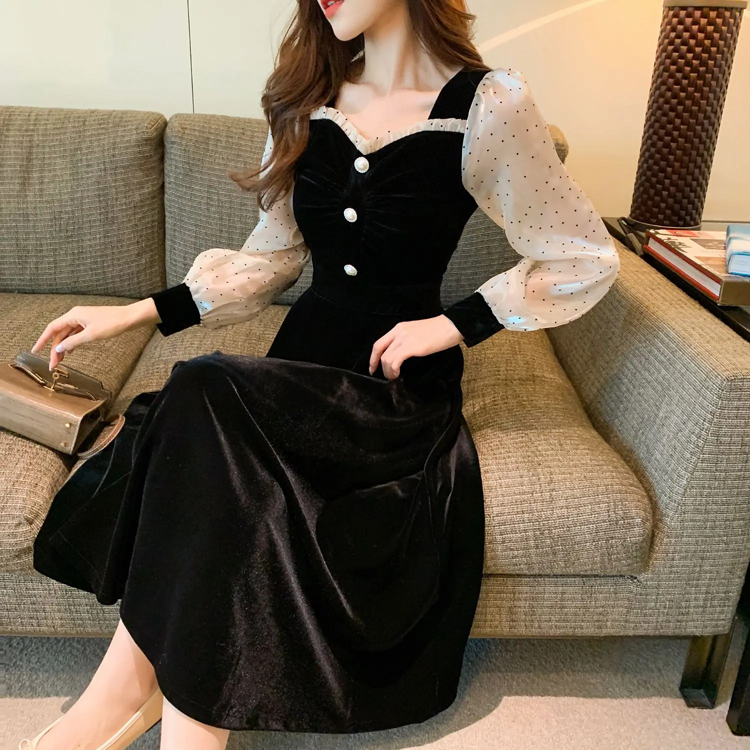 

COIGARSAM Women one-piece dress korean New Dresses Black 968