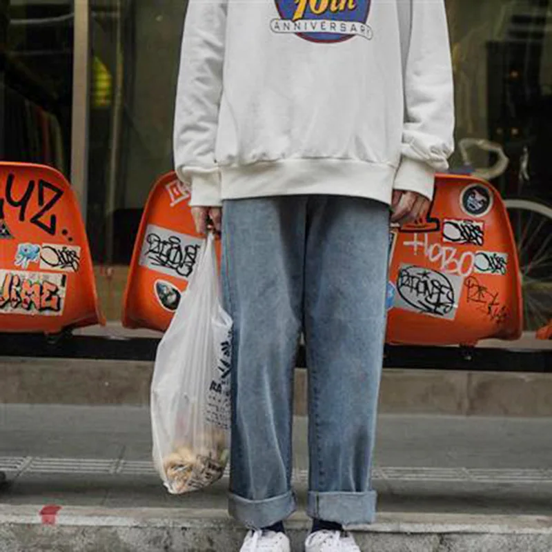 

Fashion Casual Plus Size Men Streetwear Jeans 2019 Summer Autumn Solid Loose Ankle Length Cuffs Straight Denim Trousers