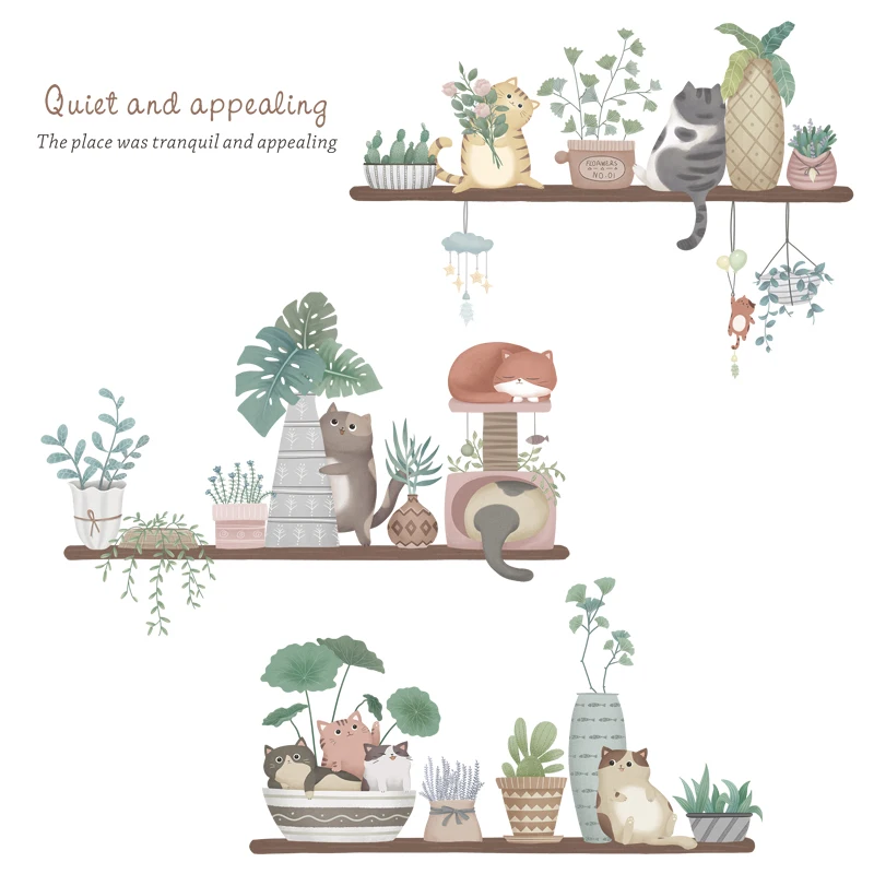 

DIY Green Plant Home Decofration Wall Sticker Lovely Cat Paintings for Living Room Bedroom Wall Decals Mural Wall Art