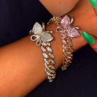 bynouck 4colors 12mm miami cuban link iced out crystal butterfly bracelets for women full rhinestone paved hand chain jewelry