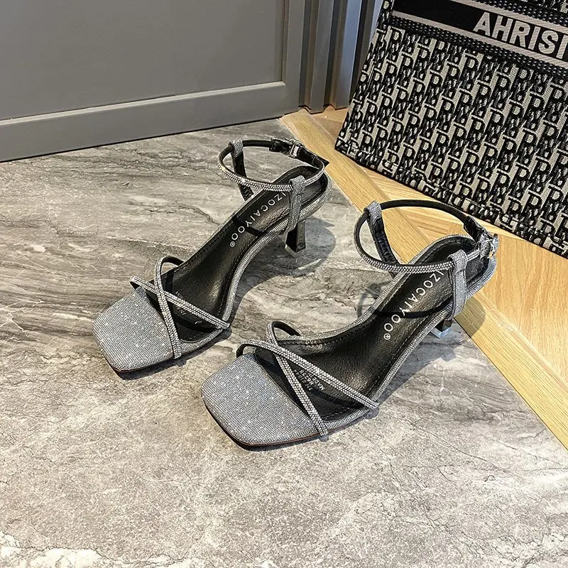 

New New Summer Crystal Sandals For Thin Heel Sandals Female Diamond Roman ShoeAnkle Strap Women Sandal