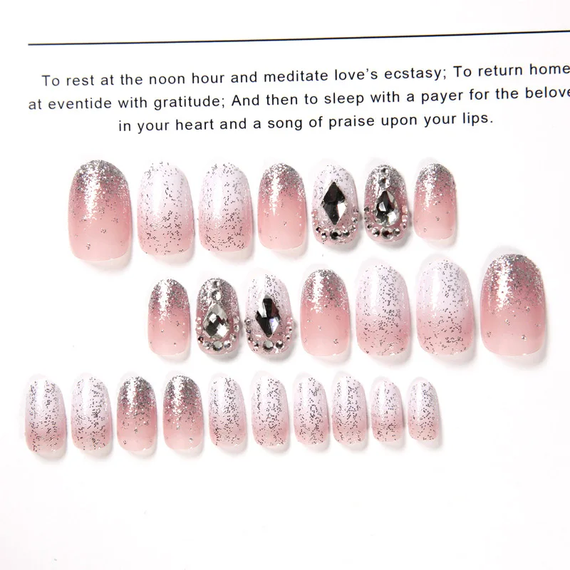 New Full Cover Pink Gradient Fake Nails Shiny Glitter Japanese Style Rhinestone Decoration Round Head press on nails with glue | Красота и