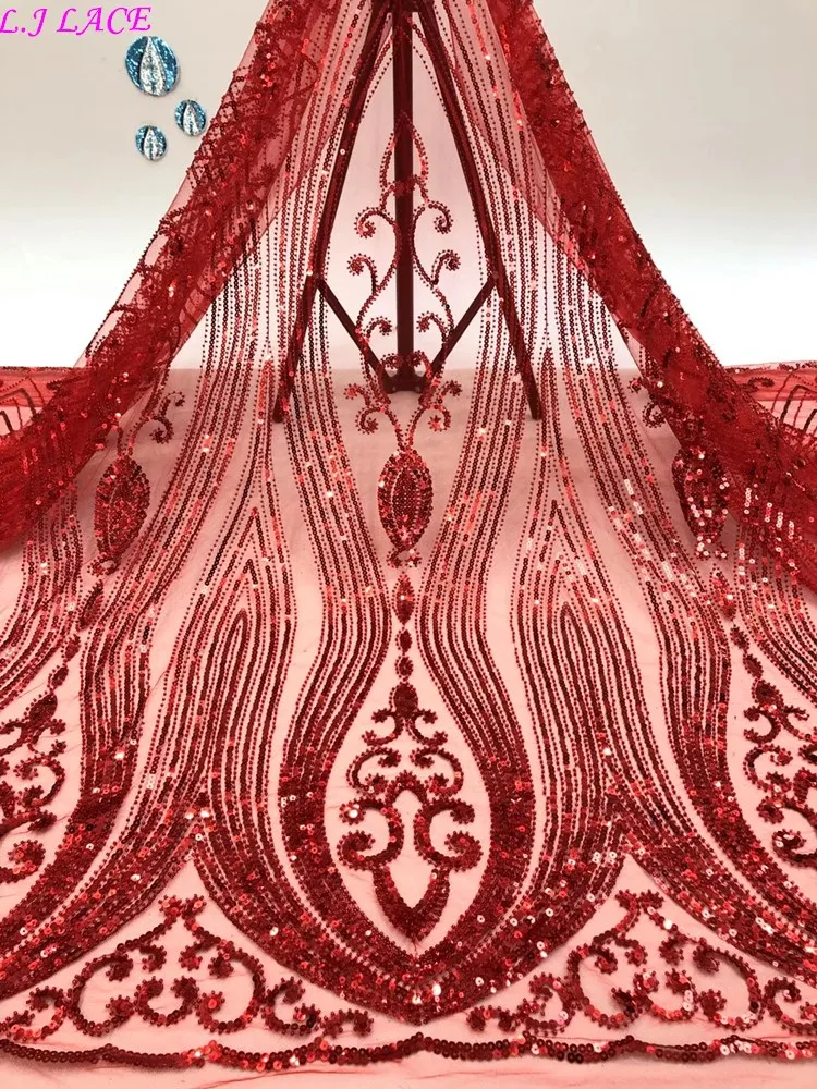 

2020 high quality sequins embroidered gauze fabrics red fashion classic design party dress DIY tulle lace African asoebi lace