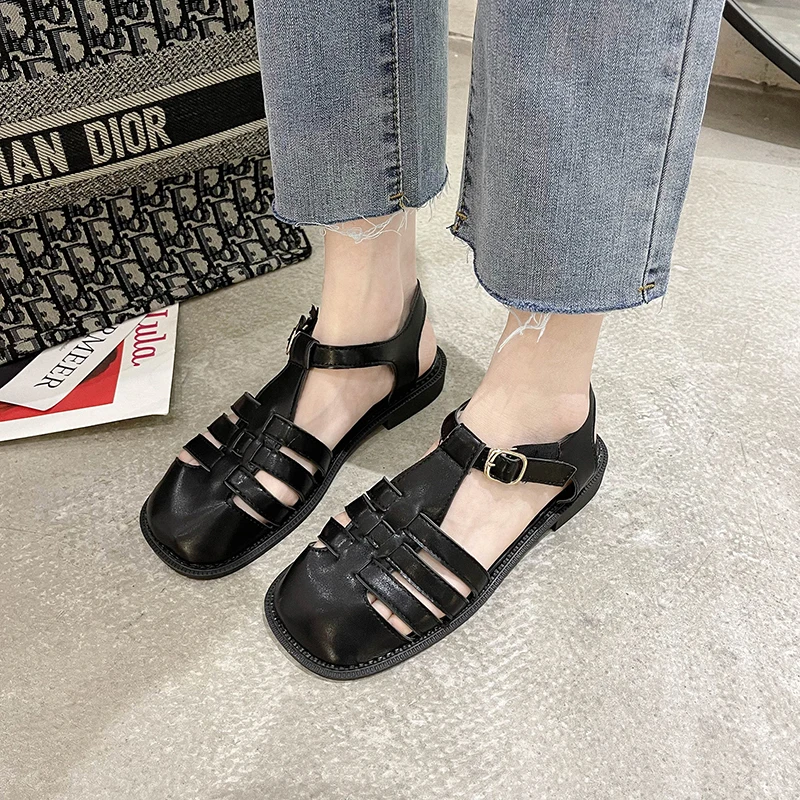 

Women Weave Sandals 2021 Summer Classic Rome Gladiator Cross-tied Sandals Casual Buckle Strap Closed Toe Women Flat Sandals