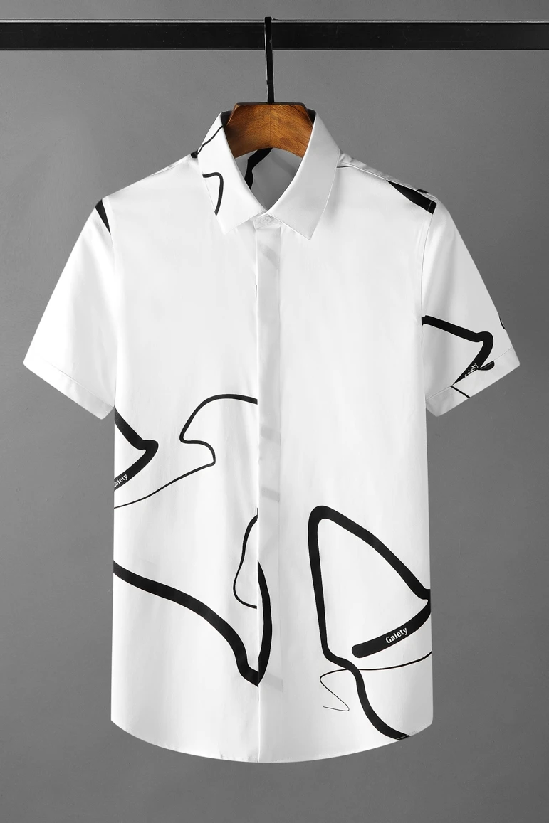 

2021 Summer Short Sleeve Shirts Men Abstract Lines Slim Fit Business Formal Dress Shirts Streetwear Casual Social Men Clothing